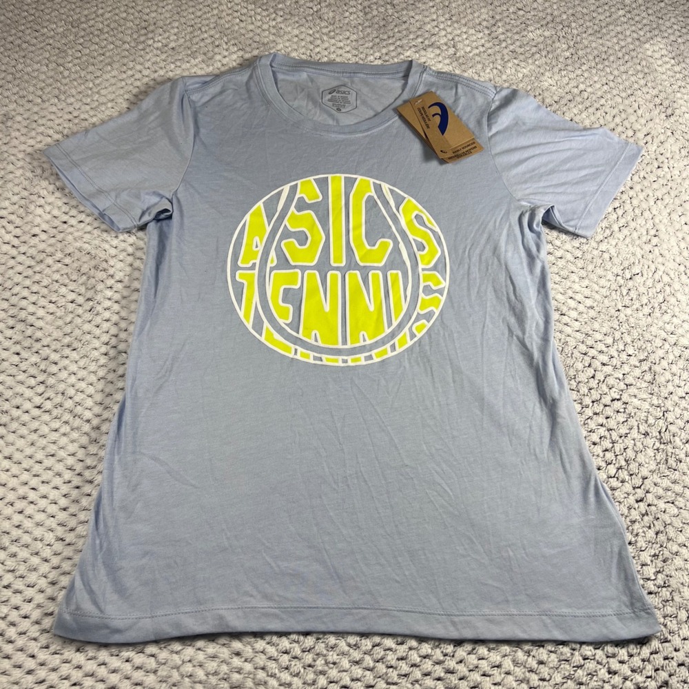 Asics Tennis Graphic T Shirt Blue Yellow Logo Short Sleeve ‎ Size Small NWT